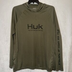 Huk Performance Vented Fishing Shirt Hoodie Mens 2XL Hunter Green Long Sleeve